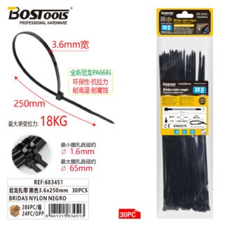 Bridas nylon negro 6 x 250 mm
